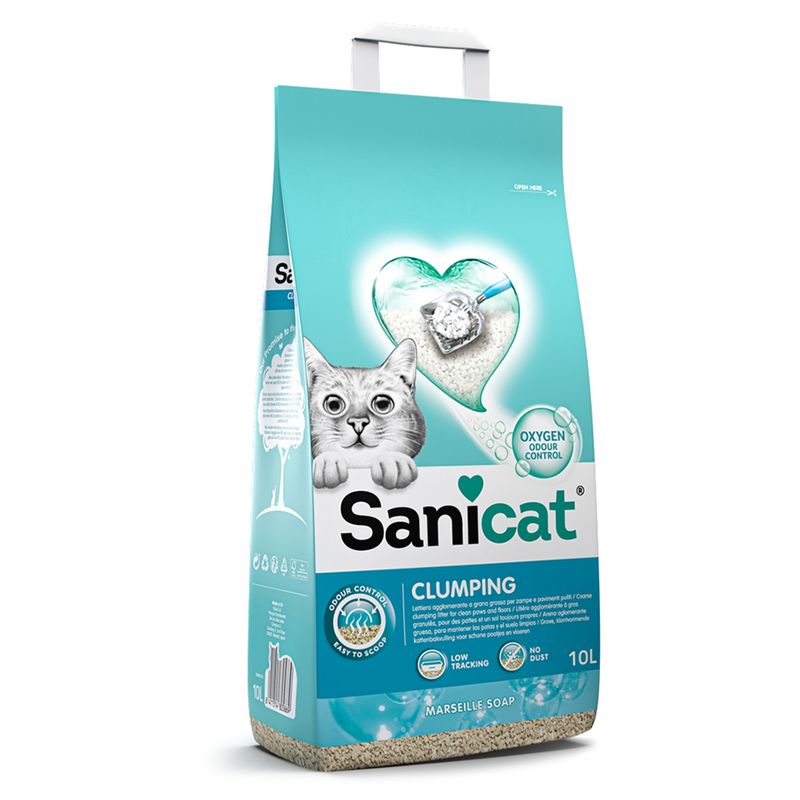 Bag of Sanicat clumping cat litter with a cat illustration on a white background