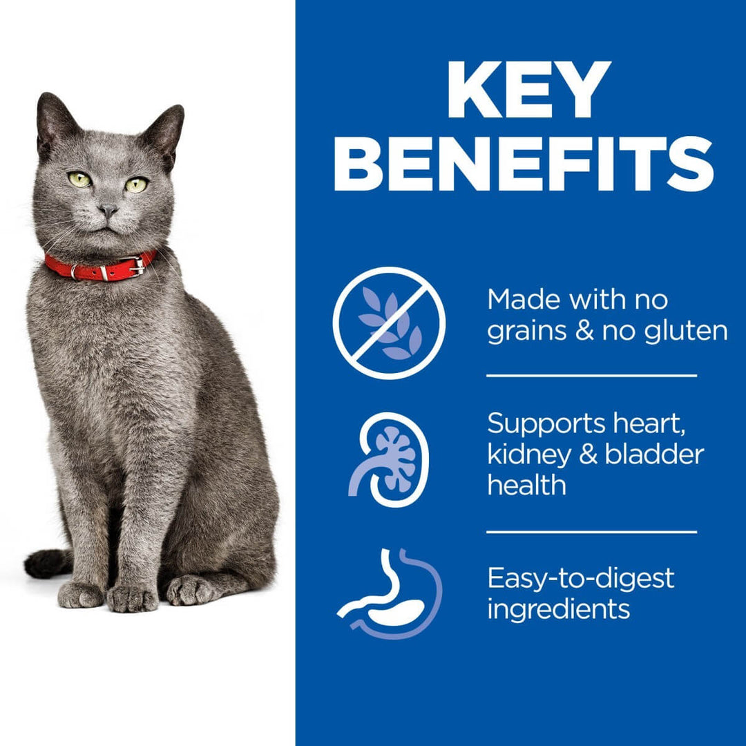Cat wearing a red collar with key benefits text on a blue background