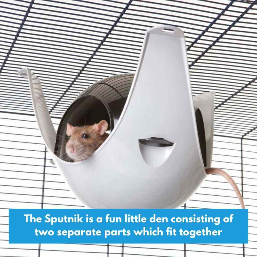Pet product 'Sputnik' for small animals with a mouse inside, placed on a wire cage.