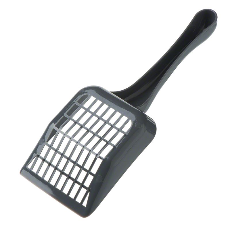 Gray plastic cat litter scoop on a white background