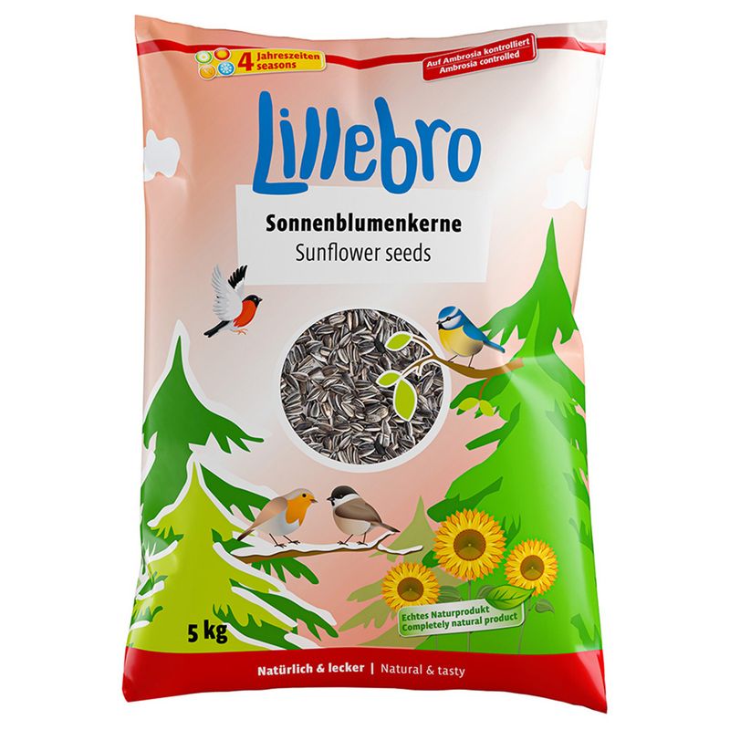 Bag of Lillebro sunflower seeds with nature-themed design on a white background