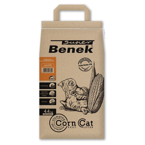 Bag of Super Benek Corn Cat litter with branding and product details on a white background
