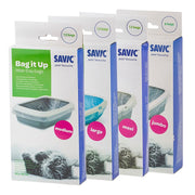 Four packages of Savic litter tray bags in different sizes on a white background