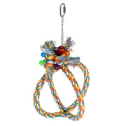 Colorful bird toy with rope and beads on a white background