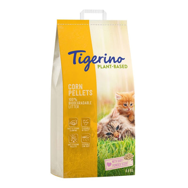 Bag of Tigerino plant-based corn pellets cat litter with a kitten on the label.