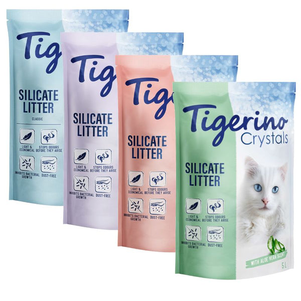 Five packages of Tiger Silicate Litter and Tigerin Crystals on a white background