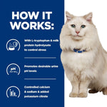 Load image into Gallery viewer, White cat with a blue collar on a white background, next to text about a product&#39;s benefits.
