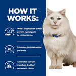 Load image into Gallery viewer, White cat wearing a blue collar with text on a blue background about product benefits.
