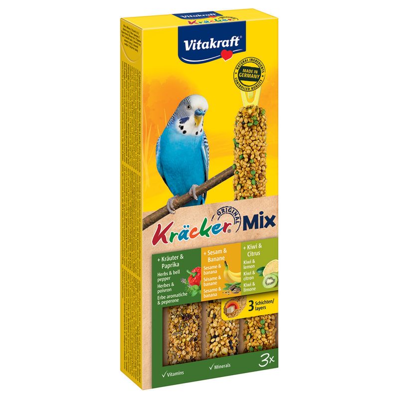 Vitakraft bird food packaging with a parakeet on a yellow background