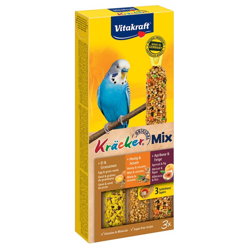 Vitakraft Kräcker Mix bird food packaging with a parakeet on a branch.
