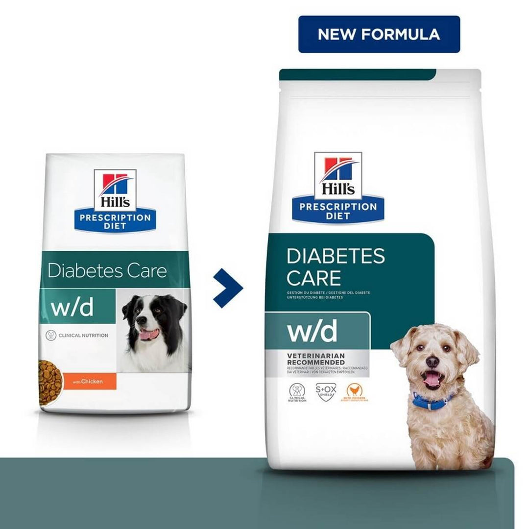 Two packages of Hills Prescription Diet w/d Diabetes Care dog food on a white background