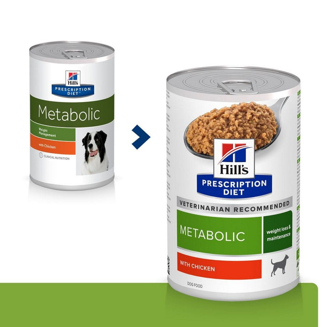 Two cans of Hills Prescription Diet Metabolic dog food on a white background