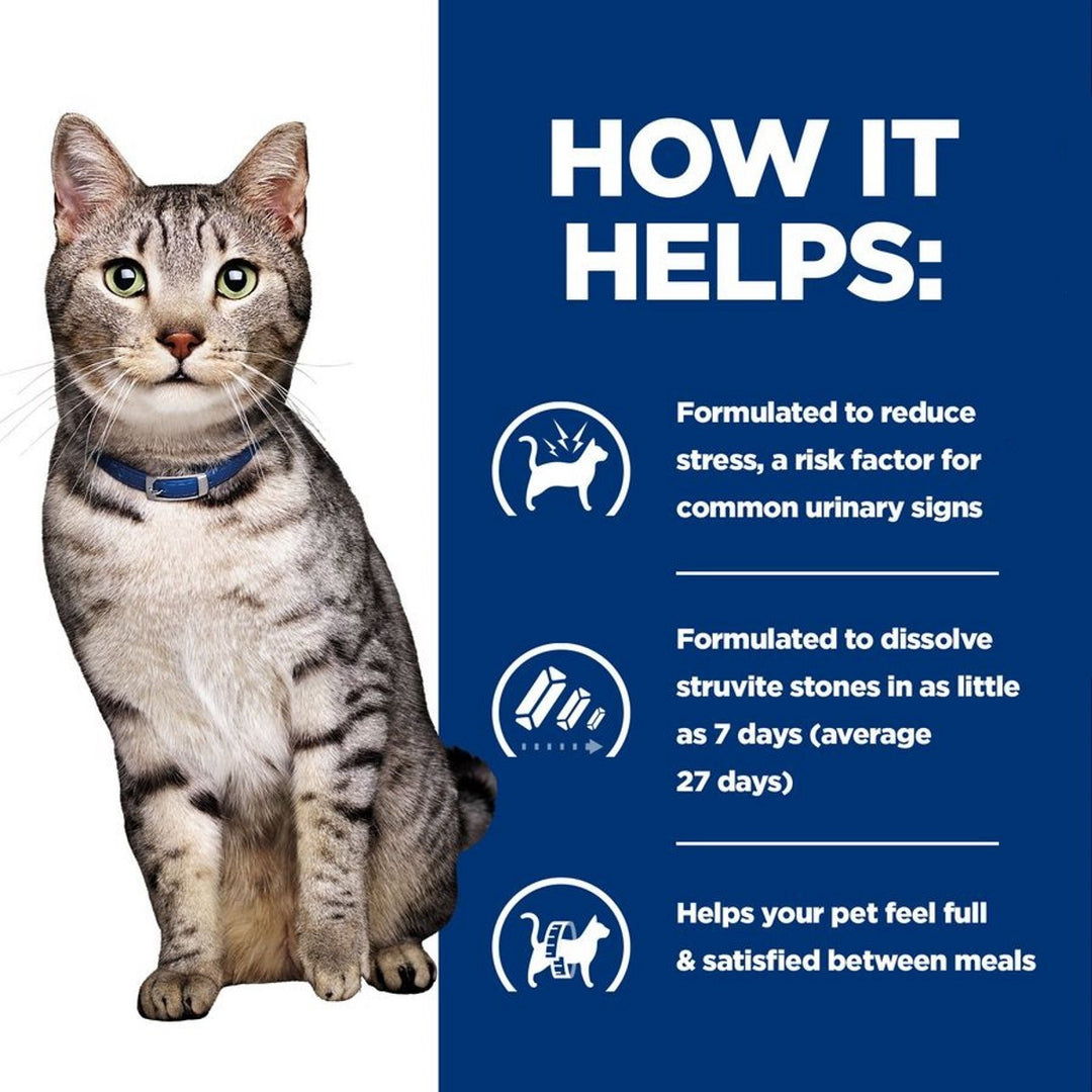 Cat with a blue collar on a white background, next to text about pet product benefits on a blue background.