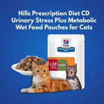 Load image into Gallery viewer, Hills Prescription Diet CD Urinary Stress Plus Metabolic wet food pouches for cats with a cat and bowl on a blue background.
