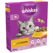 A box of Whiskas Senior 7+ Chicken dry cat food featuring an image of a senior cat with a bowl of food.