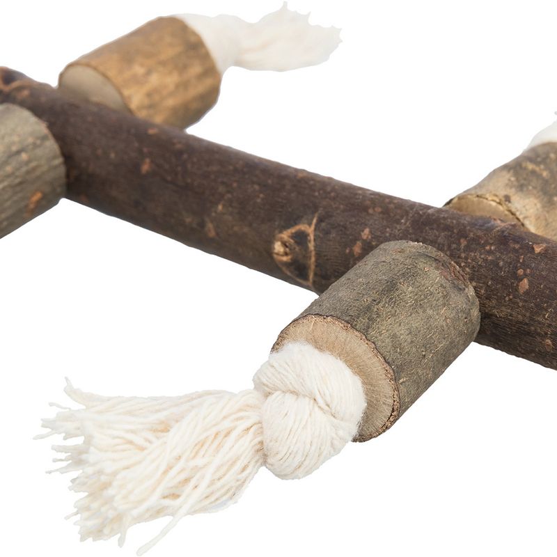 Wooden climbing toy with rope for small animals on a white background