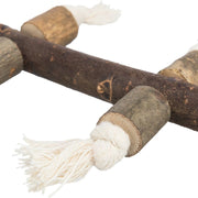 Wooden climbing toy with rope for small animals on a white background