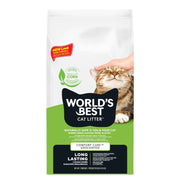 World's Best Cat Litter packaging with a hand holding a cat, on a white background